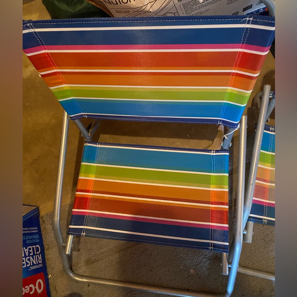 Vintage Beach Low Lawn  Aluminum Chairs Striped Blue Pink Yellow Green set of/2 - Picture 2 of 5
